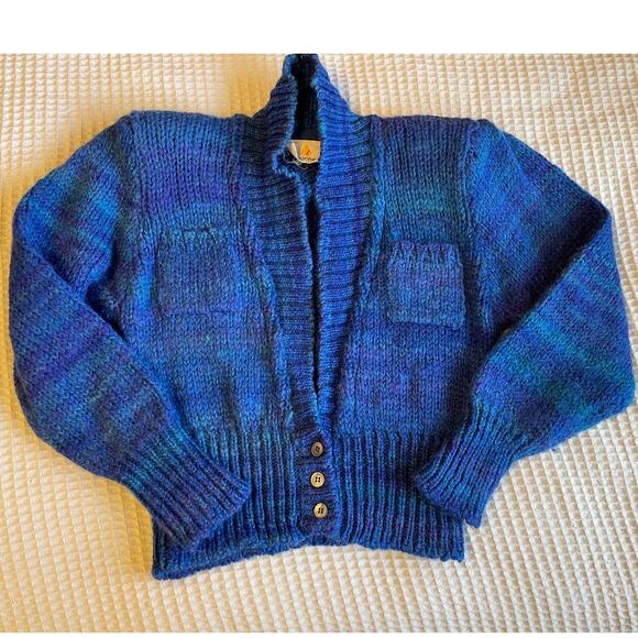 VTG Liz Claiborne Retro Blue Knit Wool Button Up Balloon Sleeve Cardigan Medium - Picture 12 of 13